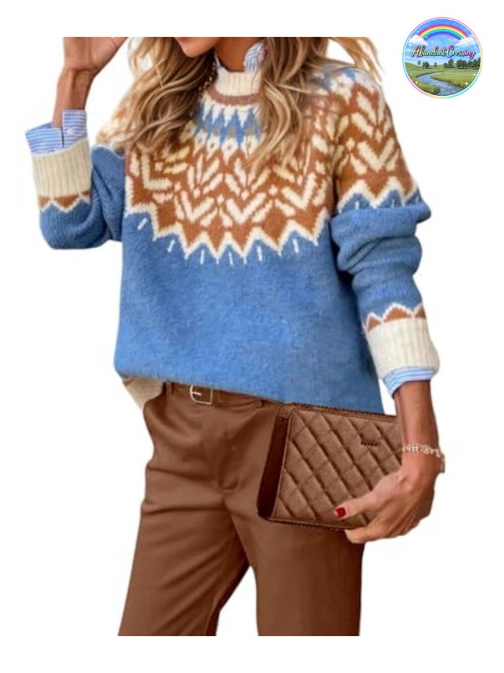 Womens Fair Isle Knit Sweater Mock Neck Long Sleeve Fall Winter Pullover